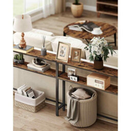Long Console Table With 2 Shelves, Narrow Hallway Sofa Table For Entryway, Rustic Brown And Ink Black - thumbnail 5