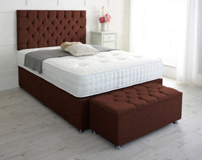 Adore Designs Chesterfield Chenille Divan Bed, With Pocket Mattress & Ottoman Storage Box - 4Ft Small Double - Brown - 0 Drawers
