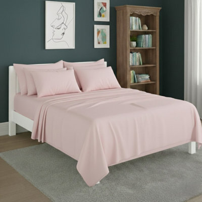 Plain Poly Cotton Easy Care Fitted Flat Sheet Matching Pillowcases Set Pink - image 1