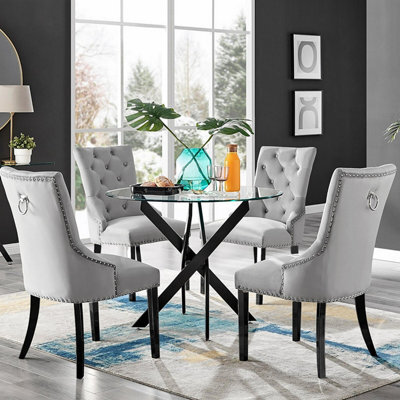 Furniturebox Uk Novara Black Leg Round Glass Dining Table & 4 Grey Belgravia Black Leg Chairs - image 1