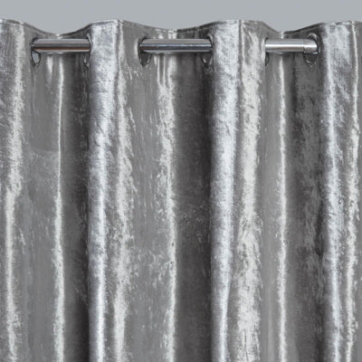 "Ohs Crushed Velvet Eyelet Ring Top Pair Of Fully Lined Curtains - Silver 66"" X 90""" - image 1