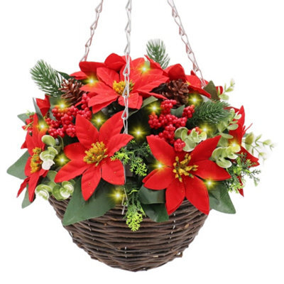 Best Artificial 28Cm Red Poinsettia Flower Christmas Decoration Hanging Basket With Lights - Suitable For Outdoor Use