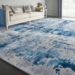 Blue Grey Wool Optical Abstract Luxurious Handmade Modern Rug For Living Room And Bedroom-236Cm X 297Cm - thumbnail 1