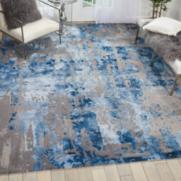 Blue Grey Wool Optical Abstract Luxurious Handmade Modern Rug For Living Room And Bedroom-236Cm X 297Cm - thumbnail 3