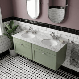 Balterley Swynnerton Traditional 2 Drawer Wall Hung Vanity Unit With Double Marble Basin, Satin Green, 1200mm - thumbnail 3