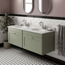 Balterley Swynnerton Traditional 2 Drawer Wall Hung Vanity Unit With Double Marble Basin, Satin Green, 1200mm - thumbnail 2