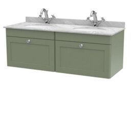 Balterley Swynnerton Traditional 2 Drawer Wall Hung Vanity Unit With Double Marble Basin, Satin Green, 1200mm - thumbnail 1