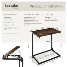 Tectake Bedside Table Ruston - Industrial Style, With Tilting Tabletop, 55 X 35 X 66.5 Cm - Industrial Wood Dark, Rustic - thumbnail 6