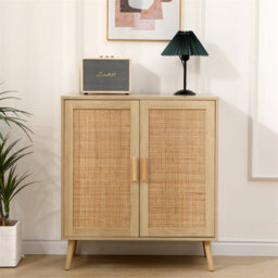 Furniturehmd 2 Door Cabinet With Wicker Front,storage Buffet,organiser Unit,solid Pine Wood Legs - thumbnail 1