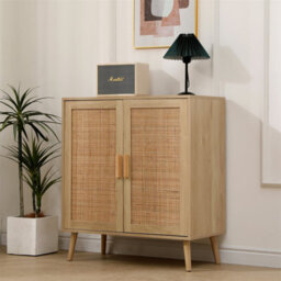 Furniturehmd 2 Door Cabinet With Wicker Front,storage Buffet,organiser Unit,solid Pine Wood Legs - thumbnail 2