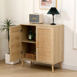 Furniturehmd 2 Door Cabinet With Wicker Front,storage Buffet,organiser Unit,solid Pine Wood Legs - thumbnail 3