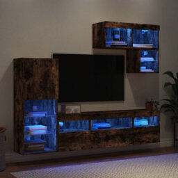 Berkfield 6 Piece Tv Wall Units With Led Smoked Oak Engineered Wood - thumbnail 1