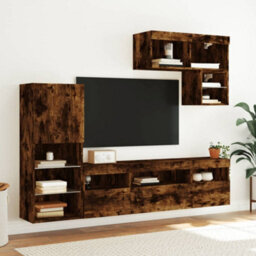 Berkfield 6 Piece Tv Wall Units With Led Smoked Oak Engineered Wood - thumbnail 4