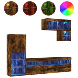 Berkfield 6 Piece Tv Wall Units With Led Smoked Oak Engineered Wood - thumbnail 2