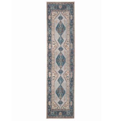 Loomed Distressed Teal Blue Beige Persian Style Washable Non Slip Runner Rug 60X240Cm - image 1