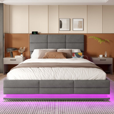 Abrihome 150X200Cm Modern Gray Velvet Upholstered Bed - Adjustable Headboard, Usb/type-C Ports, Hydraulic Lift & Extra-Large Storage - image 1