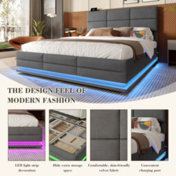 Abrihome 150X200Cm Modern Gray Velvet Upholstered Bed - Adjustable Headboard, Usb/type-C Ports, Hydraulic Lift & Extra-Large Storage - thumbnail 5