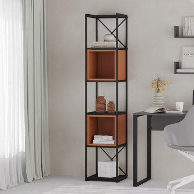 Decortie Modern Vale Mini Bookcase Versatile Display Unit 5-Tier Metal Frame 2 Adjustable Shelf 18mm (Black Wood, Cinnamon) - image 1