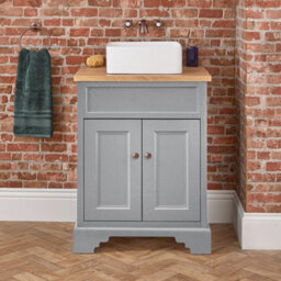 Homestylestore Light Grey And Oak 645mm Bathroom Vanity Unit With Square Countertop Basin And Aged Bronze Round Handles