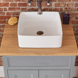Homestylestore Light Grey And Oak 645mm Bathroom Vanity Unit With Square Countertop Basin And Aged Bronze Round Handles - thumbnail 2