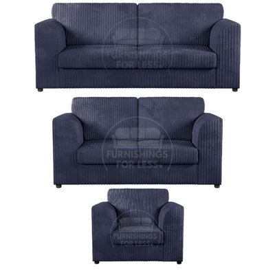 Furnishings For Less UK Luxor Jumbo Cord 3 + 2 + 1 Fabric 3 Piece Sofa Suite - Fullback Navy Blue