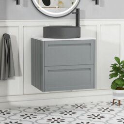 Royal Bathrooms Royal Bathroom Elmore 600mm Matt Pebble Grey Wall Mounted Bathroom Vanity Unit 2 Drawer Plain White Worktop With Art Round Basin - thumbnail 1