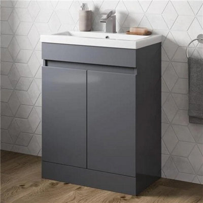 Bathroom Vanity Unit Freestanding Basin Sink Cabinet Furniture Gloss Grey 600mm - image 1