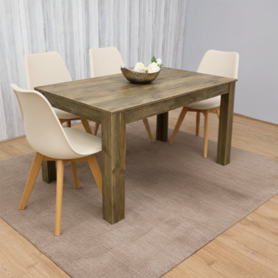 Kosy Koala Modern Rustic Effect Wood Dining Table With 4 Cream Plastic Chairs Dining Room Furniture - image 1