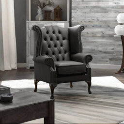 Chesterfield High Back Wing Chair Shelly Black Leather Bespoke In Queen Anne Style - thumbnail 3