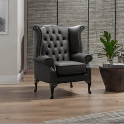 Chesterfield High Back Wing Chair Shelly Black Leather Bespoke In Queen Anne Style - thumbnail 2