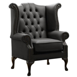 Chesterfield High Back Wing Chair Shelly Black Leather Bespoke In Queen Anne Style - thumbnail 1