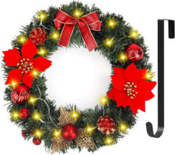 40Cm Christmas Wreath (Hanger Included), Artificial Door Wreath With 30 Led Lights And Hanger - thumbnail 1