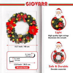 40Cm Christmas Wreath (Hanger Included), Artificial Door Wreath With 30 Led Lights And Hanger - thumbnail 2