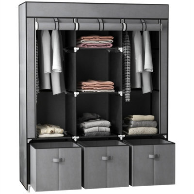 Portable Fabric Wardrobe With 5 Shelves And 3 Fabric Drawers, Grey - image 1