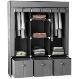 Portable Fabric Wardrobe With 5 Shelves And 3 Fabric Drawers, Grey - thumbnail 1