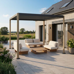 Sweeek - Louvered Pergola With Rounded Legs Aluminium 3X3M Wood Effect/anthracite - Imperial - thumbnail 1