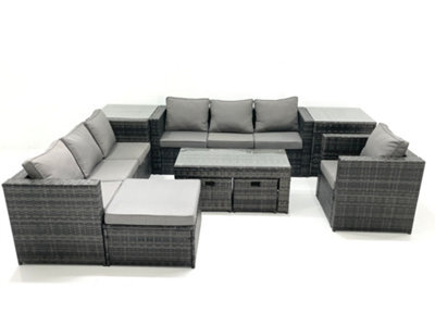 Fimous Outdoor Garden Furniture Set 10 Seater Rattan Sofa Set Coffee Table 3 Stools Armchair 2 Side Tables Dark Grey Mixed - image 1