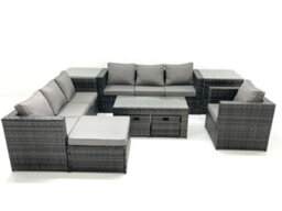 Fimous Outdoor Garden Furniture Set 10 Seater Rattan Sofa Set Coffee Table 3 Stools Armchair 2 Side Tables Dark Grey Mixed - thumbnail 1