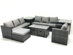 Fimous Outdoor Garden Furniture Set 10 Seater Rattan Sofa Set Coffee Table 3 Stools Armchair 2 Side Tables Dark Grey Mixed - thumbnail 2