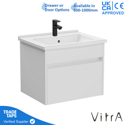 Vitra 600mm Wall Hung Bathroom Vanity Unit With 1 Drawer & Basin - White Gloss Includes Black Tap - image 1