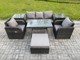 Fimous 6 Seater Rattan Wicker Garden Furniture Patio Conservatory Sofa Set With Rectangular Dining Table Reclining Chair - thumbnail 1