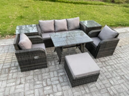 Fimous 6 Seater Rattan Wicker Garden Furniture Patio Conservatory Sofa Set With Rectangular Dining Table Reclining Chair - thumbnail 2