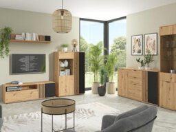 Impact Furniture Sideboard Cabinet Large Wide Chest Of Drawers Storage Buffet 150Cm Unit Black And Oak Slatted Fluted Vabres - thumbnail 9