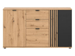 Impact Furniture Sideboard Cabinet Large Wide Chest Of Drawers Storage Buffet 150Cm Unit Black And Oak Slatted Fluted Vabres - thumbnail 4