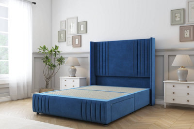 "Sloomy Camden Navy Plush Divan Bed Base 2 Drawers Foot-End-54"" Wingback Headboard12""-Footboard 5' King" - image 1