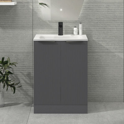Royal Bathrooms Evora 600mm Graphite Grey Fluted Floor Standing Bathroom Vanity Unit 2 Door Cabinet Storage With Stone Basin & Matt Black Handles - image 1