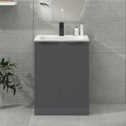 Royal Bathrooms Evora 600mm Graphite Grey Fluted Floor Standing Bathroom Vanity Unit 2 Door Cabinet Storage With Stone Basin & Matt Black Handles
