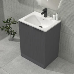 Royal Bathrooms Evora 600mm Graphite Grey Fluted Floor Standing Bathroom Vanity Unit 2 Door Cabinet Storage With Stone Basin & Matt Black Handles - thumbnail 4
