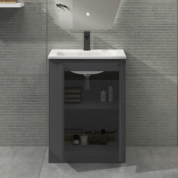 Royal Bathrooms Evora 600mm Graphite Grey Fluted Floor Standing Bathroom Vanity Unit 2 Door Cabinet Storage With Stone Basin & Matt Black Handles - thumbnail 3