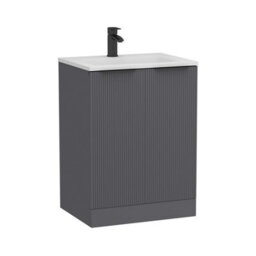 Royal Bathrooms Evora 600mm Graphite Grey Fluted Floor Standing Bathroom Vanity Unit 2 Door Cabinet Storage With Stone Basin & Matt Black Handles - thumbnail 8